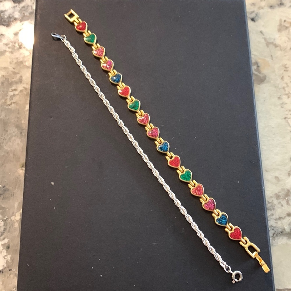 Two bracelets! Gold tone colorful‎ heart and vintage Silver Tone rope bracelets
